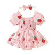 Baby Girl Clothes Short Sleeve Ruffles Strawberry Prints Romper Bodysuits Girl Outfits Red 0 Months-3 Months